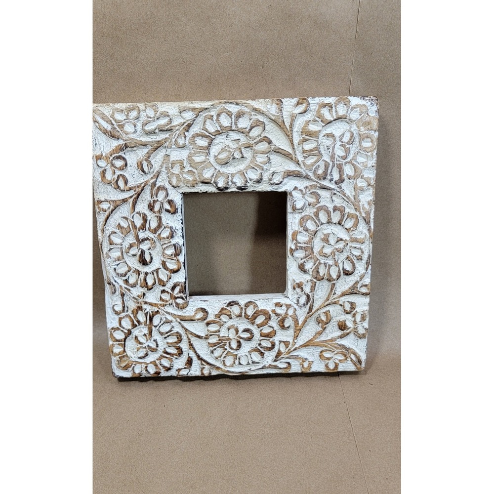 Hand Carved Floral Wood Picture Frame Square Whitewash Boho Rustic 6.5x6.5